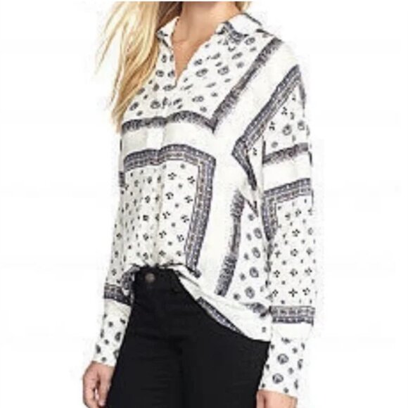 Free People White Bandana Print Long Sleeve Button Up Shirt Relaxed Fit Large - Picture 1 of 14